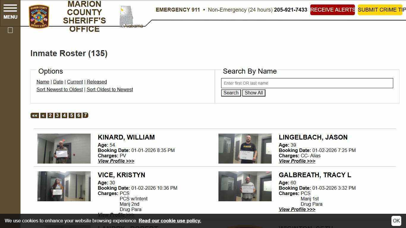 Inmate Roster | Marion County Sheriff's Office, Alabama | Searching | Sort Booking Time - Descending | Page 7
